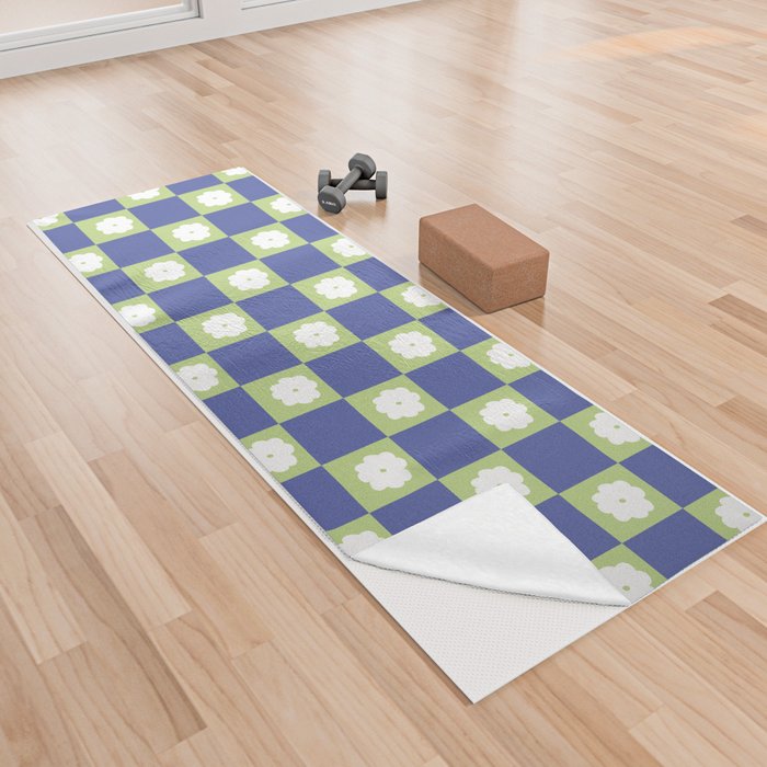 Very Peri Blue + Green Checker and Groovy Flowers Yoga Towel