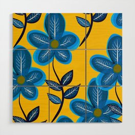 Blue Flowers and Yellow Pattern Wood Wall Art