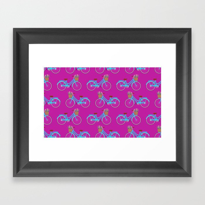 Bicycle with flower basket on purple Framed Art Print