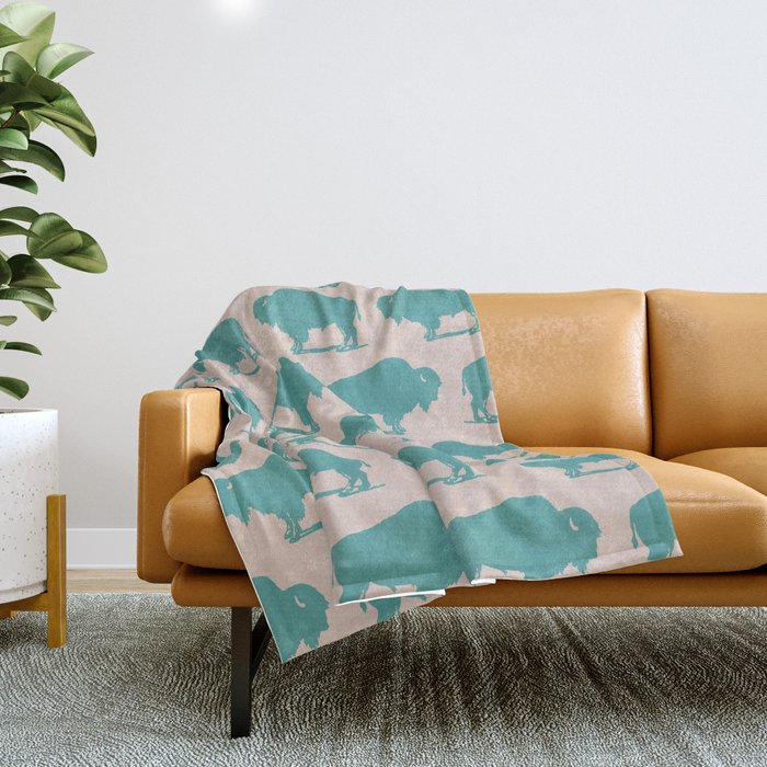 Buffalo Bison Pattern Turquoise and Beige Throw Blanket