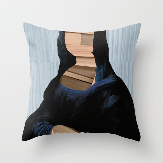 Mona Lisa - blue shining WoodCut Collage Throw Pillow