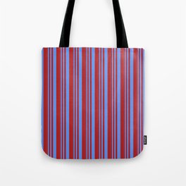[ Thumbnail: Cornflower Blue & Red Colored Lines/Stripes Pattern Tote Bag ]