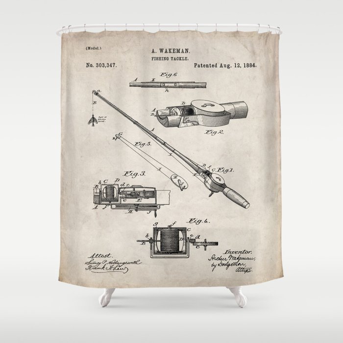 Fishing Rod Patent - Fishing Art - Antique Shower Curtain by