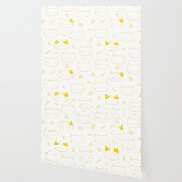 Yellow Doodle Kitten Faces Pattern Wallpaper