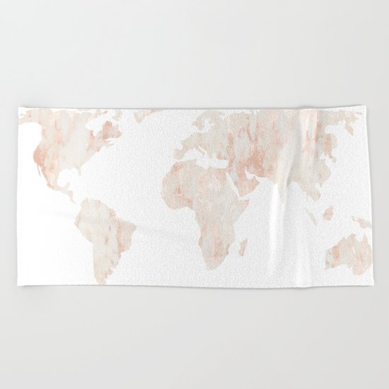Marble World Map Light Pink Rose Gold Shimmer Beach Towel
