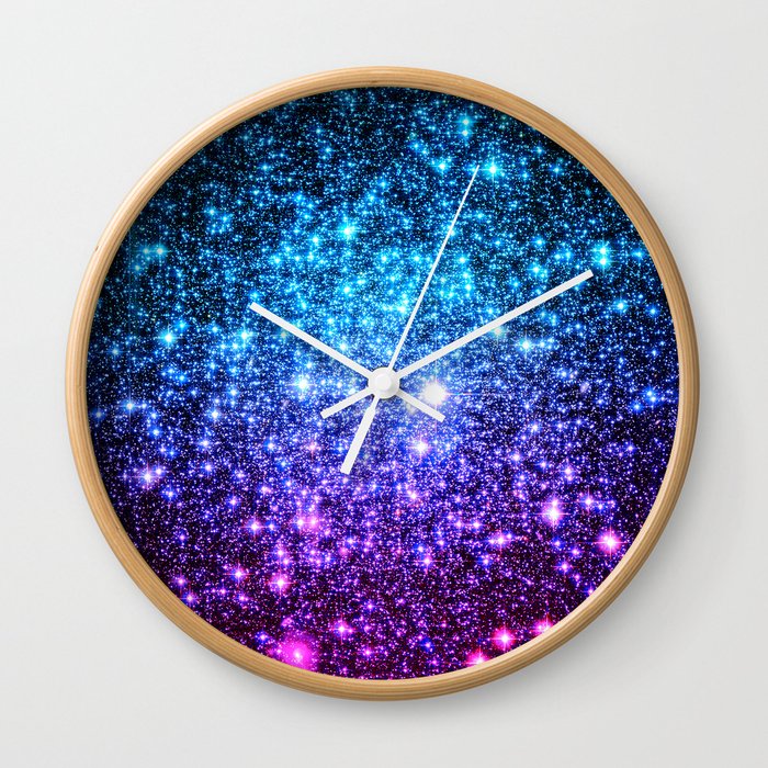 Glitter Galaxy Stars : Turquoise Blue Purple Hot Pink Ombre Wall Clock