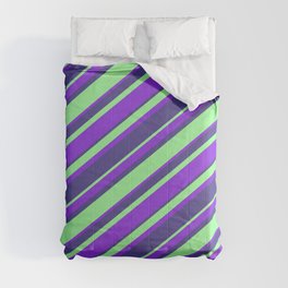 [ Thumbnail: Purple, Dark Slate Blue & Green Colored Striped/Lined Pattern Comforter ]