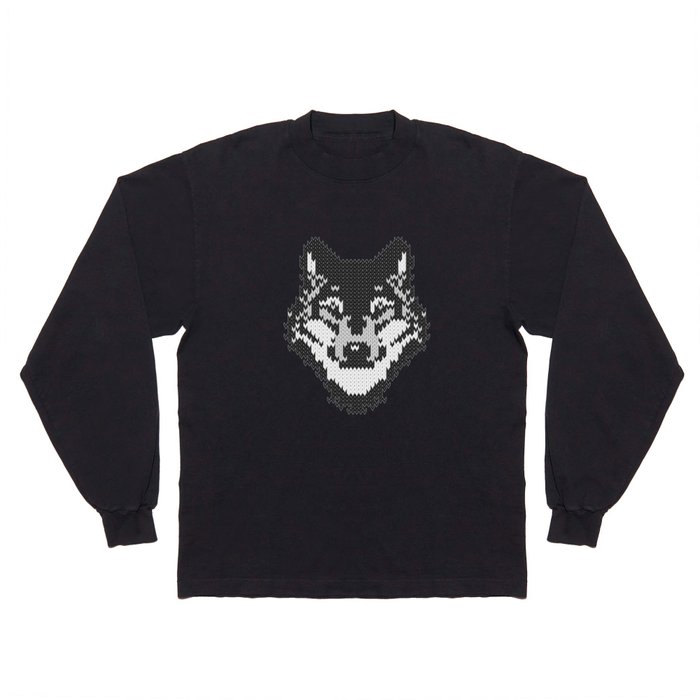 Fair isle knitting grey wolf // black and white wolves moons and pine trees Long Sleeve T Shirt