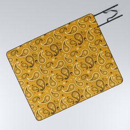 Black and White Paisley Pattern on Mustard Background Picnic Blanket