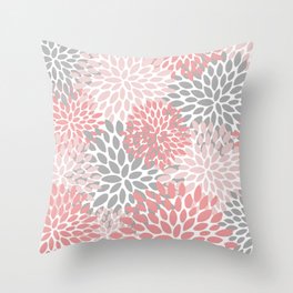 Modern, Flowers Print, Coral, Pink and Gray Throw Pillow