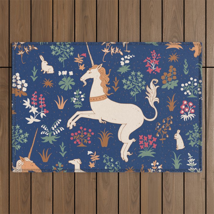 Magical Medieval Unicorn Forest Outdoor Rug