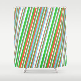 [ Thumbnail: Red, Sky Blue, Mint Cream, and Lime Green Colored Pattern of Stripes Shower Curtain ]