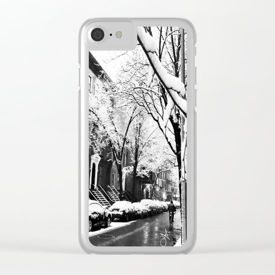 Black and White Photo of the Beautiful Brooklyn Heights covered in icy snow Clear iPhone Case
