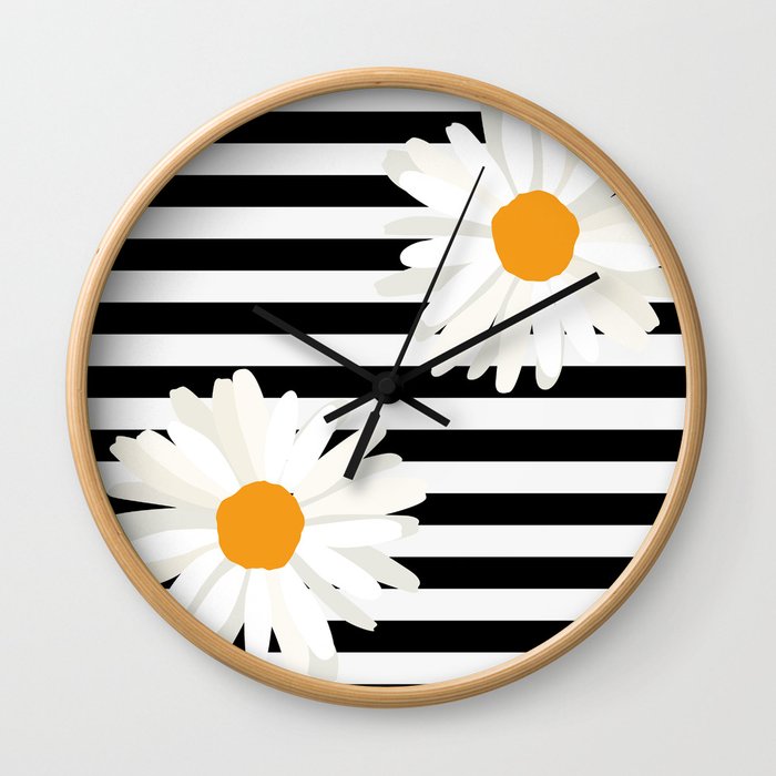 Black and white stripe, daisies Wall Clock