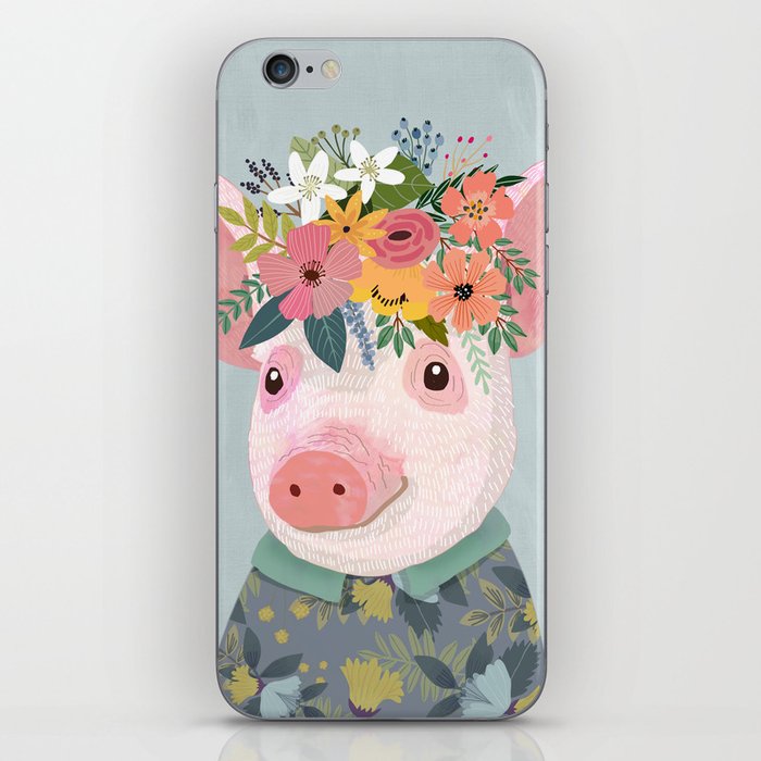 Pig with floral crown, farm animal iPhone Skin