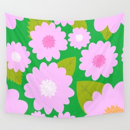 Cheerful Pink Summer Flowers On Kelly Green Wall Tapestry