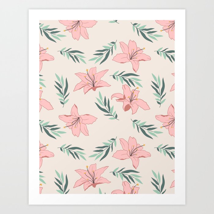 Blush Tropical Flowers- Mid Century Modern Pattern Art Print