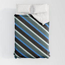 [ Thumbnail: Light Cyan, Dark Slate Gray, Blue & Black Colored Lines Pattern Comforter ]