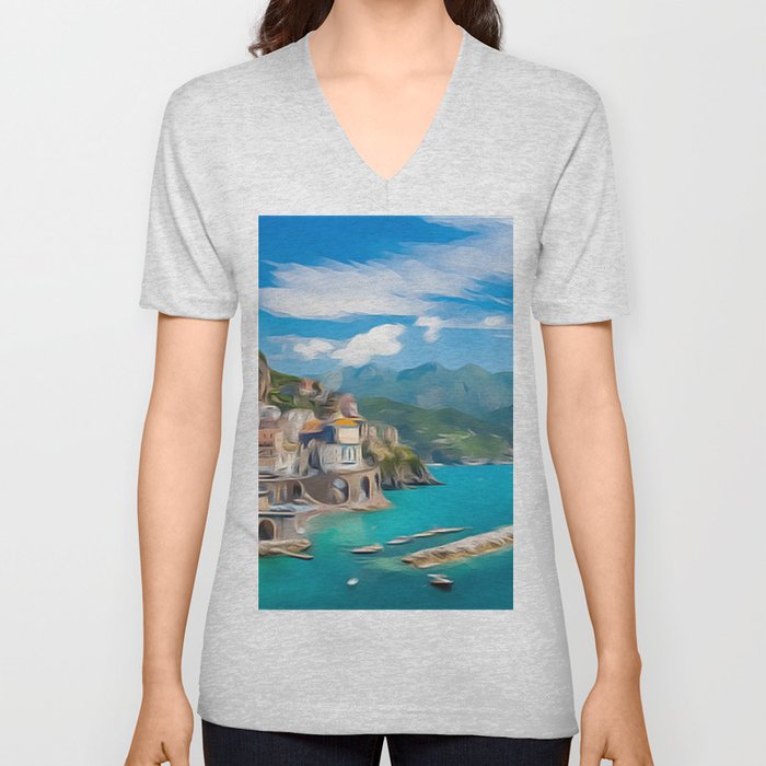 Amalfi Coast Italy Travel Waterfront V Neck T Shirt