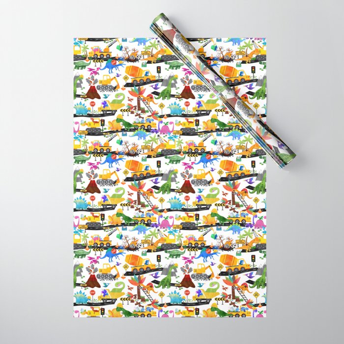 Watercolor Dinosaur Construction Crew Wrapping Paper