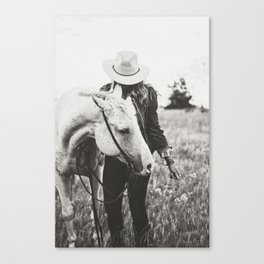 A Cowgirl & Her Horse - Black & White Photo Canvas Print