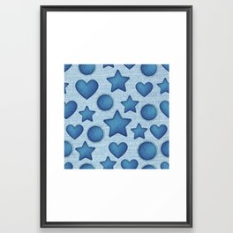 Denim Patchwork Pattern Stars and Hearts Framed Art Print