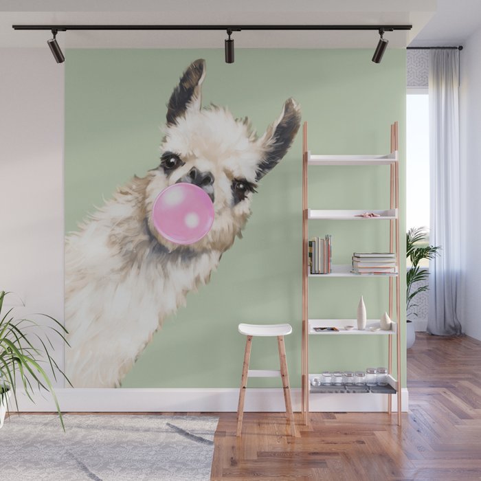 Bubble Gum Sneaky Llama in Romaine Wall Mural