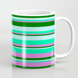 [ Thumbnail: Turquoise, Green, Orchid & Dark Green Colored Striped/Lined Pattern Coffee Mug ]