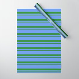 [ Thumbnail: Forest Green & Cornflower Blue Colored Lined Pattern Wrapping Paper ]