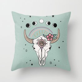 Boho Tribal Cow Skull with Flowers - dusty green Throw Pillow | Skull, Moon Phases, Feminine, Green, Cow, Stars, Desert, Girly, Retro, Boho 