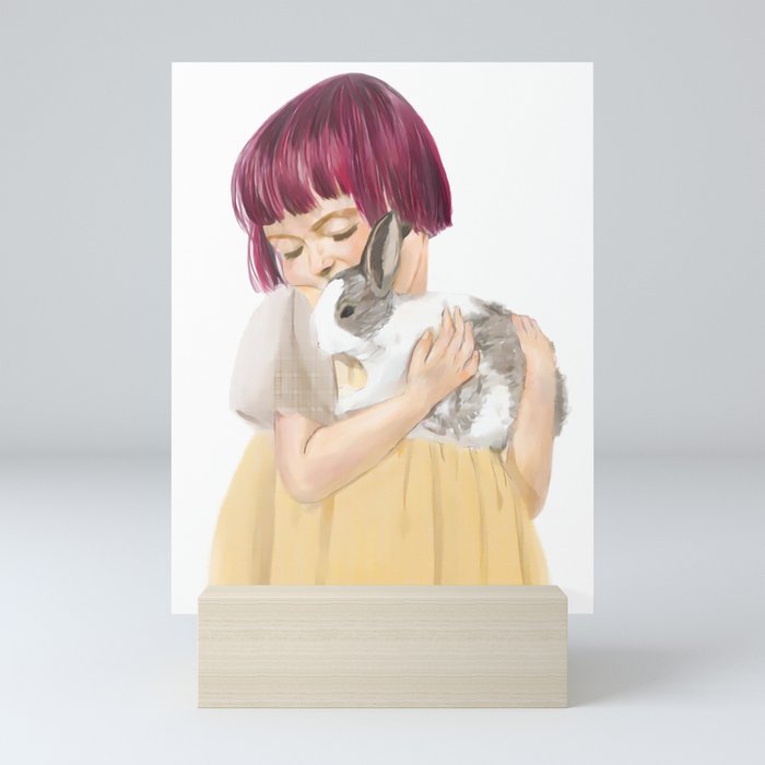 little girl with bunny Mini Art Print