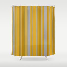 [ Thumbnail: Dark Gray, Dark Goldenrod, and Goldenrod Colored Pattern of Stripes Shower Curtain ]