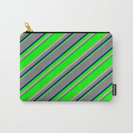 [ Thumbnail: Lime, Tan, Grey & Dark Blue Colored Lined/Striped Pattern Carry-All Pouch ]