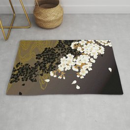Japanese Sumi Black and White Cherry Blossom Rug | Gold, Flowers, Black, Cherryblossom, River, Graphicdesign, Ink, White 