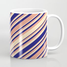 [ Thumbnail: Dark Salmon, Beige, and Midnight Blue Colored Pattern of Stripes Coffee Mug ]