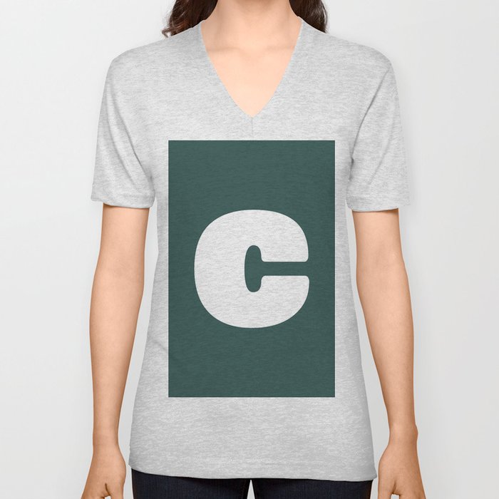 c (White & Dark Green Letter) V Neck T Shirt