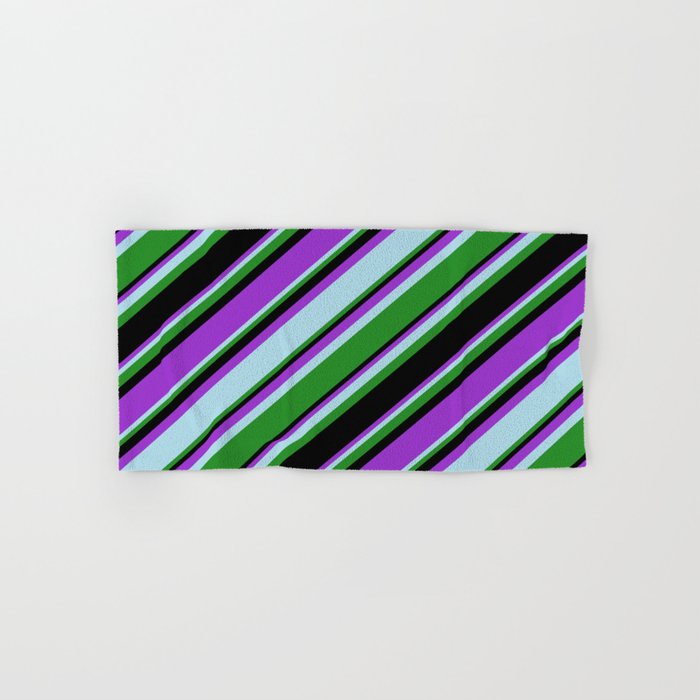 Dark Orchid, Light Blue, Forest Green, and Black Colored Stripes/Lines Pattern Hand & Bath Towel