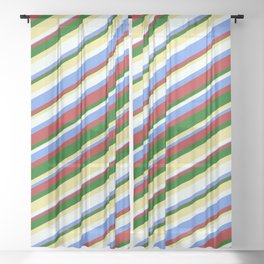 [ Thumbnail: Colorful Tan, Mint Cream, Cornflower Blue, Red, and Dark Green Colored Stripes Pattern Sheer Curtain ]