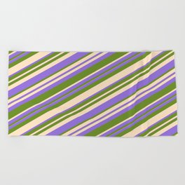 [ Thumbnail: Purple, Green, and Bisque Colored Lined Pattern Beach Towel ]
