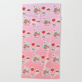 Strawberry teapot with cup and muffin Beach Towel