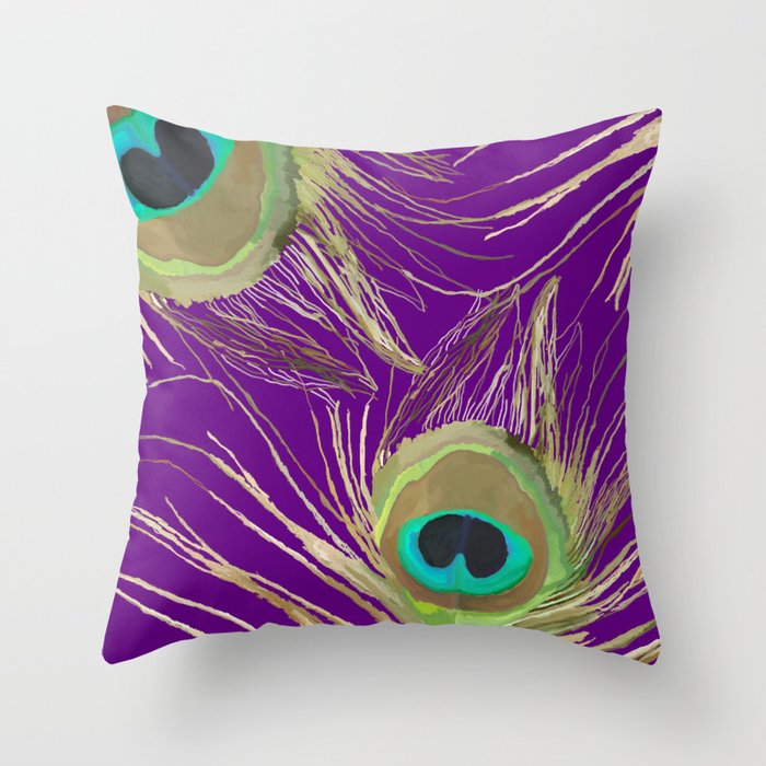 Purple Peacock Feathers Throw Pillow