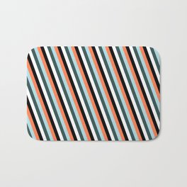 [ Thumbnail: Coral, Powder Blue, Dark Slate Gray, White, and Black Colored Stripes Pattern Bath Mat ]