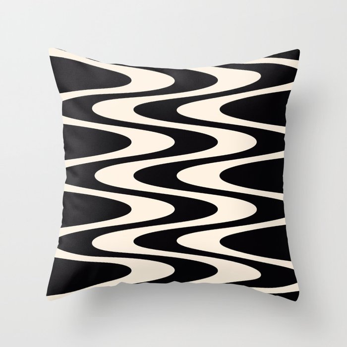 Retro Mid century Modern Waves pattern - Black and White Throw Pillow