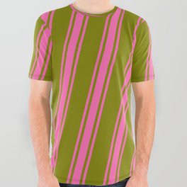 [ Thumbnail: Green & Hot Pink Colored Lines/Stripes Pattern All Over Graphic Tee ]