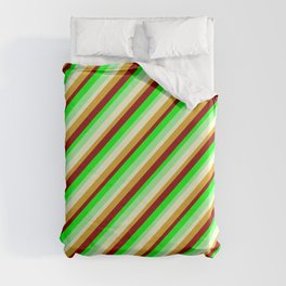[ Thumbnail: Eyecatching Green, Light Yellow, Goldenrod, Dark Red, and Lime Colored Stripes Pattern Duvet Cover ]