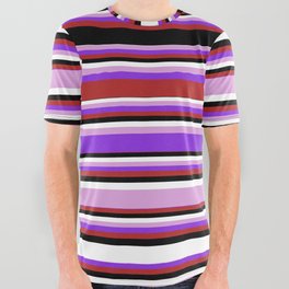 [ Thumbnail: Eyecatching Plum, Purple, Red, Black & White Colored Lines/Stripes Pattern All Over Graphic Tee ]