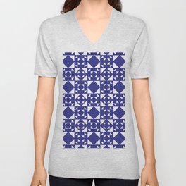 Navy Blue Retro Pattern Tiles Moroccan Art V Neck T Shirt