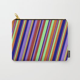 [ Thumbnail: Colorful Brown, Green, Chocolate, Blue, and Purple Colored Lined Pattern Carry-All Pouch ]