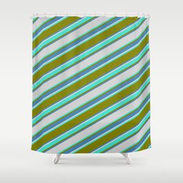 [ Thumbnail: Green, Blue, Light Gray & Turquoise Colored Striped Pattern Shower Curtain ]