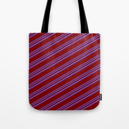 [ Thumbnail: Slate Blue and Maroon Colored Lines Pattern Tote Bag ]